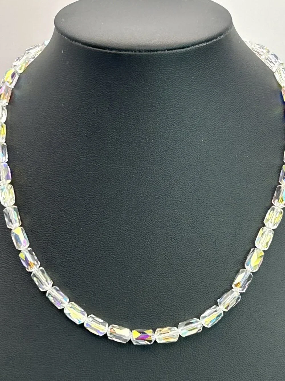 Vintage AB Crystal Rainbow Barrel Bead Necklace Aurora Borealis 16”